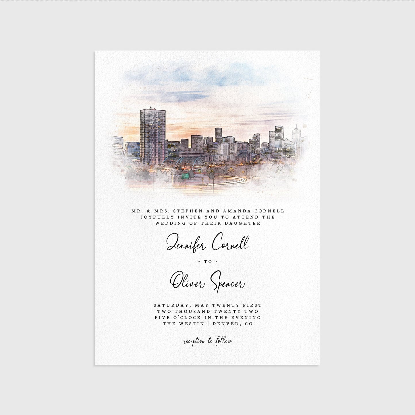 Loblolly Creative 825 - Arts & Entertainment > Party & Celebration > Party Supplies > Invitations Denver Skyline Watercolor Wedding Invitation