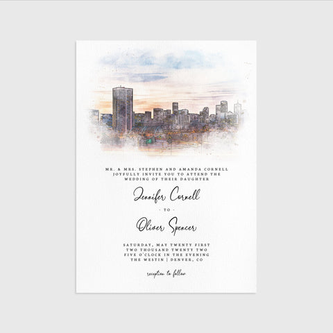 Loblolly Creative 825 - Arts & Entertainment > Party & Celebration > Party Supplies > Invitations Denver Skyline Watercolor Wedding Invitation