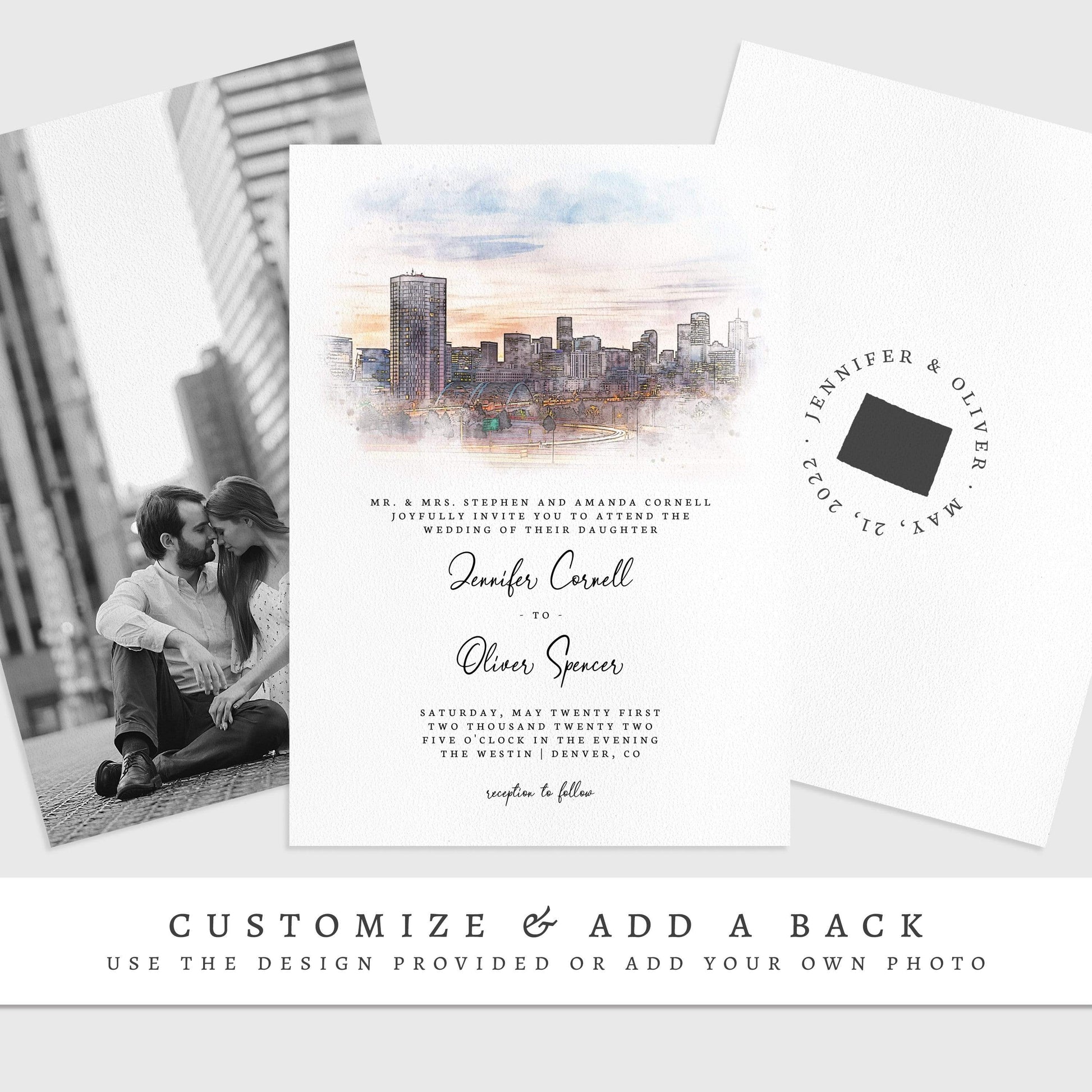 Loblolly Creative 825 - Arts & Entertainment > Party & Celebration > Party Supplies > Invitations Denver Skyline Watercolor Wedding Invitation