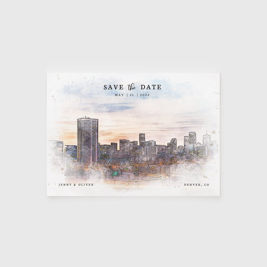 Loblolly Creative 825 - Arts & Entertainment > Party & Celebration > Party Supplies > Invitations Denver Skyline Watercolor Wedding Save the Date