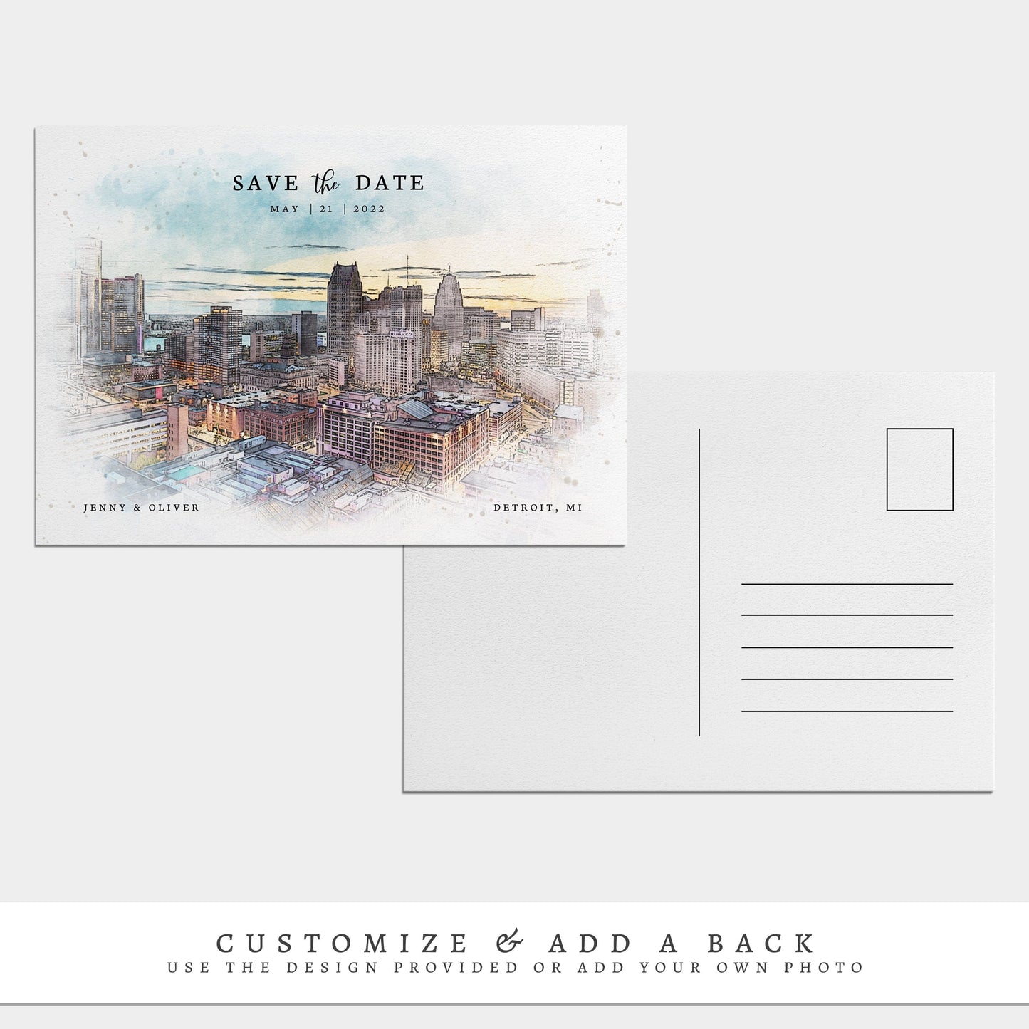 Loblolly Creative 825 - Arts & Entertainment > Party & Celebration > Party Supplies > Invitations Detroit Skyline Watercolor Wedding Save the Date
