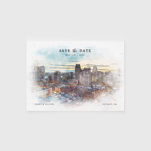 Loblolly Creative 825 - Arts & Entertainment > Party & Celebration > Party Supplies > Invitations Detroit Skyline Watercolor Wedding Save the Date