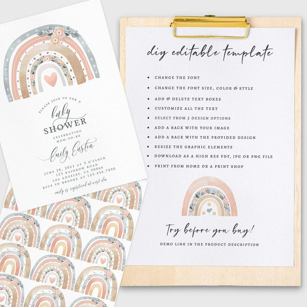Loblolly Creative 825 - Arts & Entertainment > Party & Celebration > Party Supplies > Invitations Floral Rainbow Baby Shower Invitation