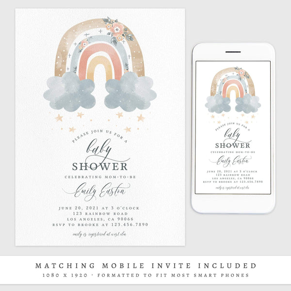 Loblolly Creative 825 - Arts & Entertainment > Party & Celebration > Party Supplies > Invitations Floral Rainbow Baby Shower Invitation