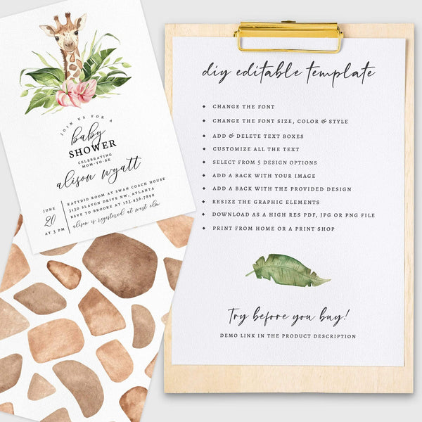 Loblolly Creative 825 - Arts & Entertainment > Party & Celebration > Party Supplies > Invitations Giraffe Baby Shower Invitation