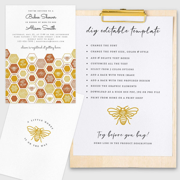 Loblolly Creative 825 - Arts & Entertainment > Party & Celebration > Party Supplies > Invitations Honey Bee Baby Shower Invitation