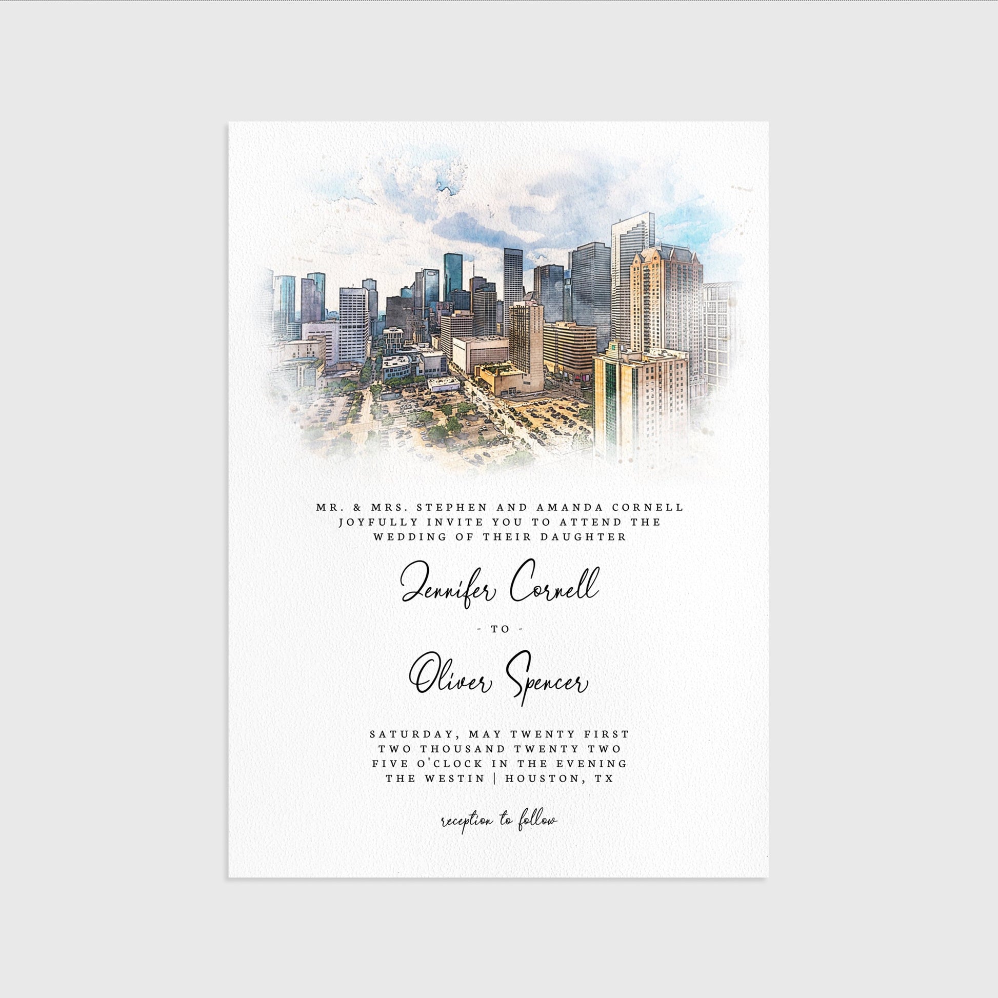 Loblolly Creative 825 - Arts & Entertainment > Party & Celebration > Party Supplies > Invitations Houston Skyline Watercolor Wedding Invitation
