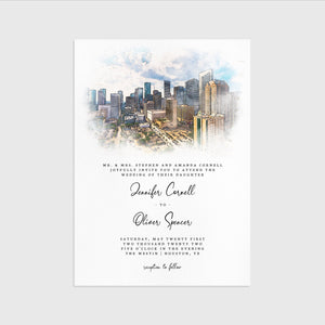Loblolly Creative 825 - Arts & Entertainment > Party & Celebration > Party Supplies > Invitations Houston Skyline Watercolor Wedding Invitation