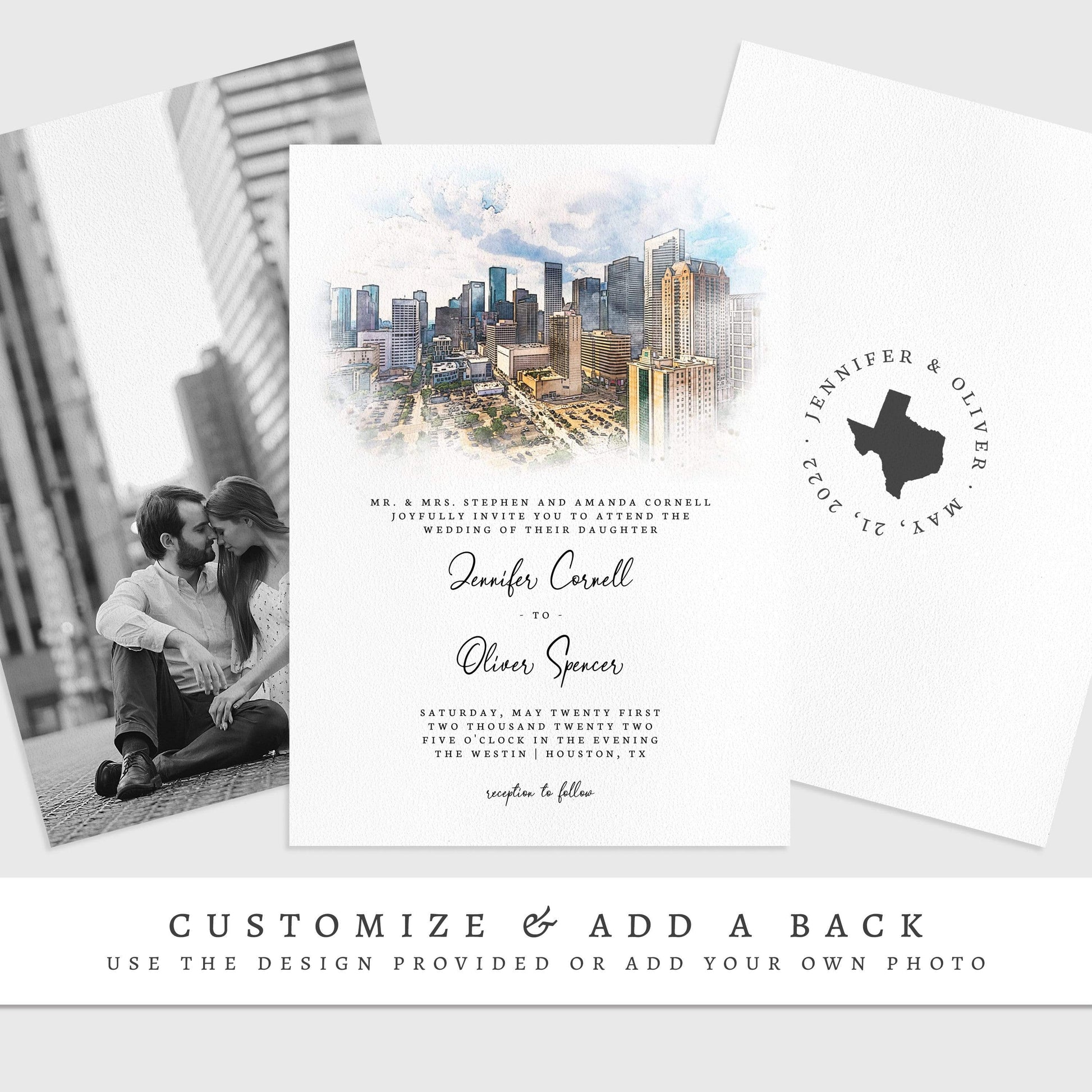 Loblolly Creative 825 - Arts & Entertainment > Party & Celebration > Party Supplies > Invitations Houston Skyline Watercolor Wedding Invitation
