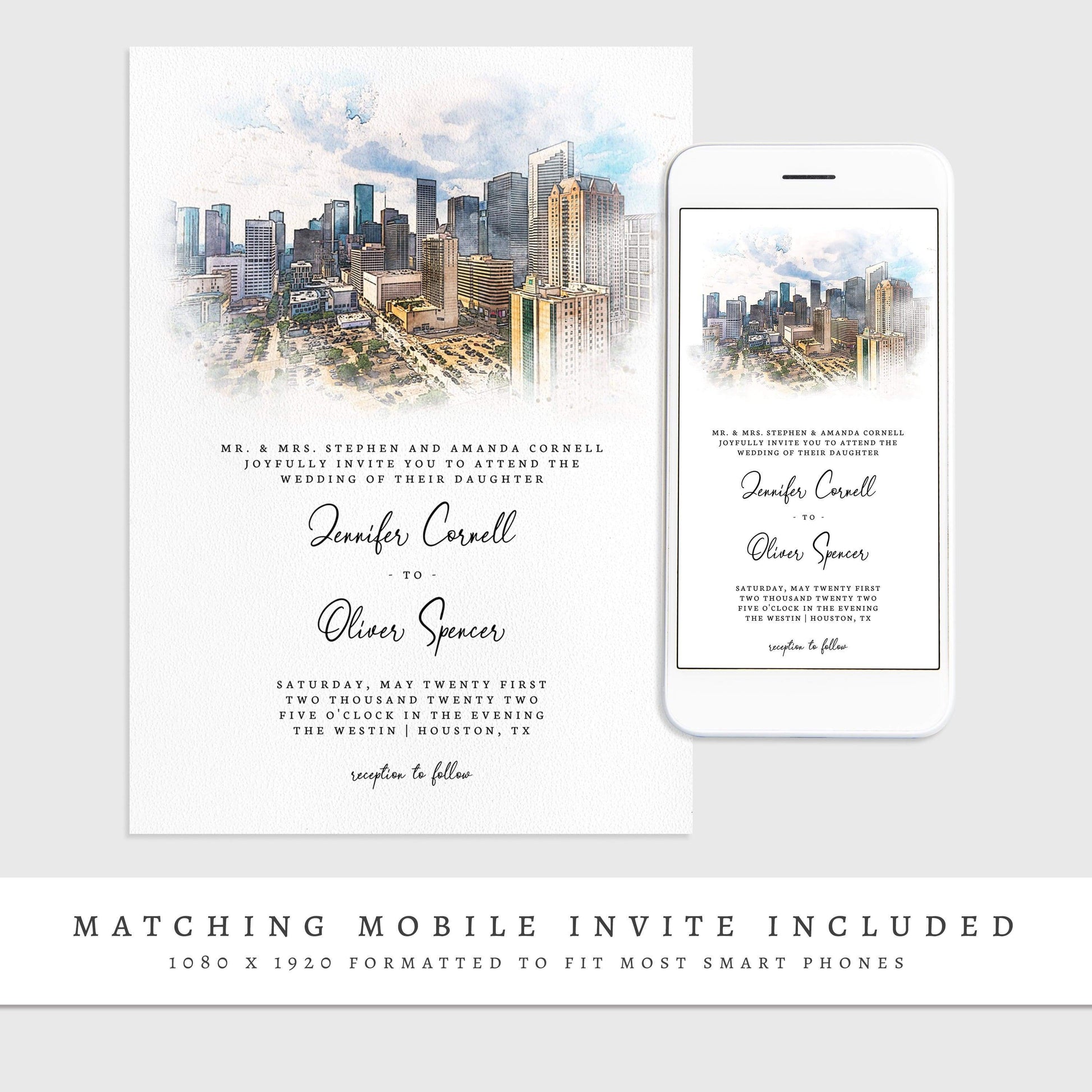 Loblolly Creative 825 - Arts & Entertainment > Party & Celebration > Party Supplies > Invitations Houston Skyline Watercolor Wedding Invitation