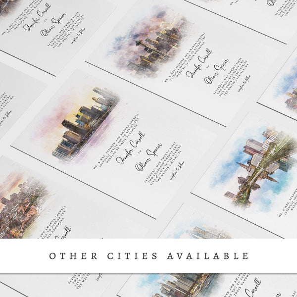 Loblolly Creative 825 - Arts & Entertainment > Party & Celebration > Party Supplies > Invitations Houston Skyline Watercolor Wedding Invitation