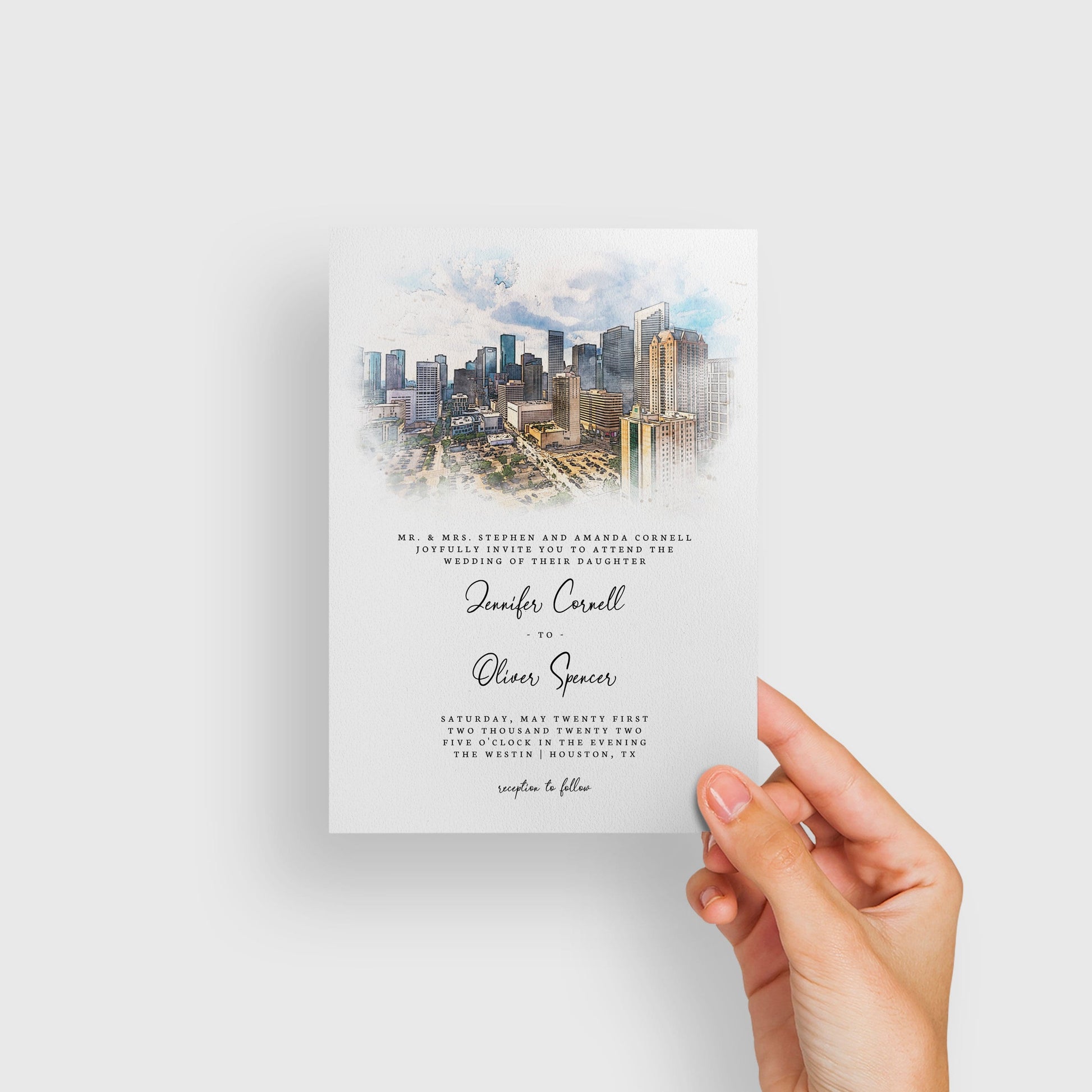 Loblolly Creative 825 - Arts & Entertainment > Party & Celebration > Party Supplies > Invitations Houston Skyline Watercolor Wedding Invitation