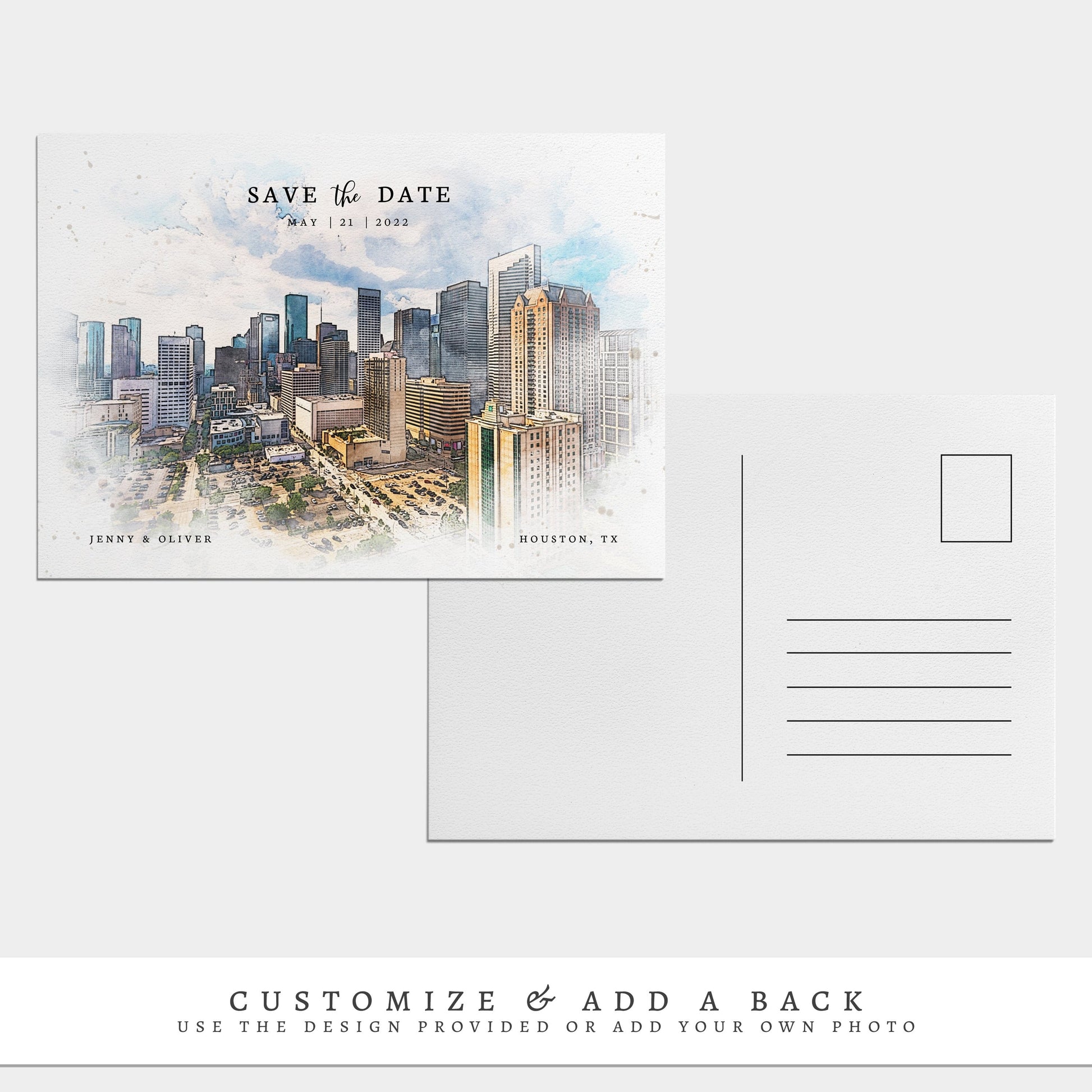 Loblolly Creative 825 - Arts & Entertainment > Party & Celebration > Party Supplies > Invitations Houston Skyline Watercolor Wedding Save the Date
