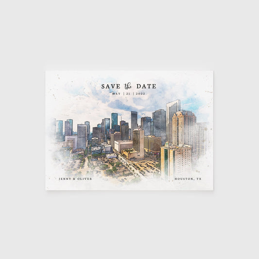 Loblolly Creative 825 - Arts & Entertainment > Party & Celebration > Party Supplies > Invitations Houston Skyline Watercolor Wedding Save the Date