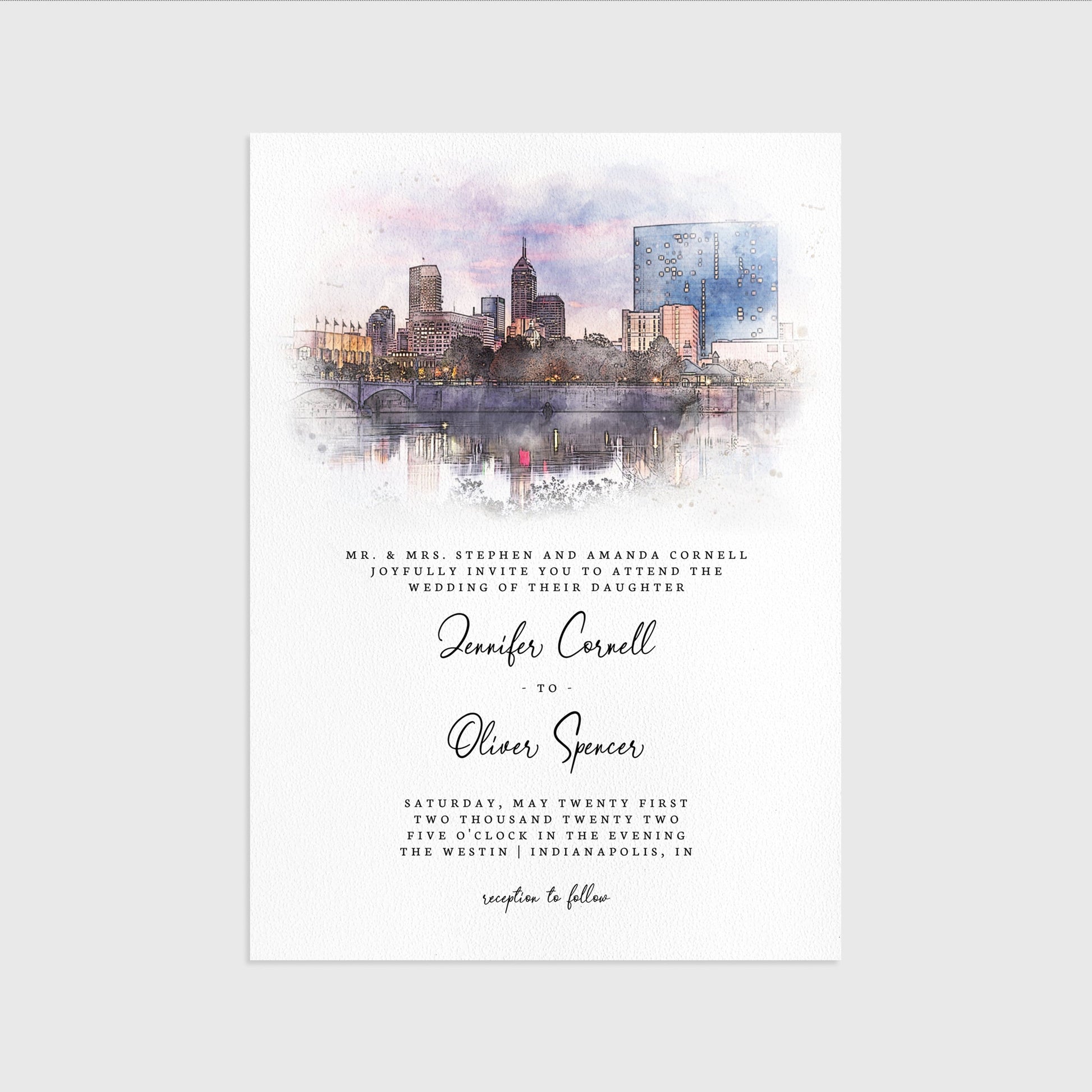 Loblolly Creative 825 - Arts & Entertainment > Party & Celebration > Party Supplies > Invitations Indianapolis Skyline Watercolor Wedding Invitation