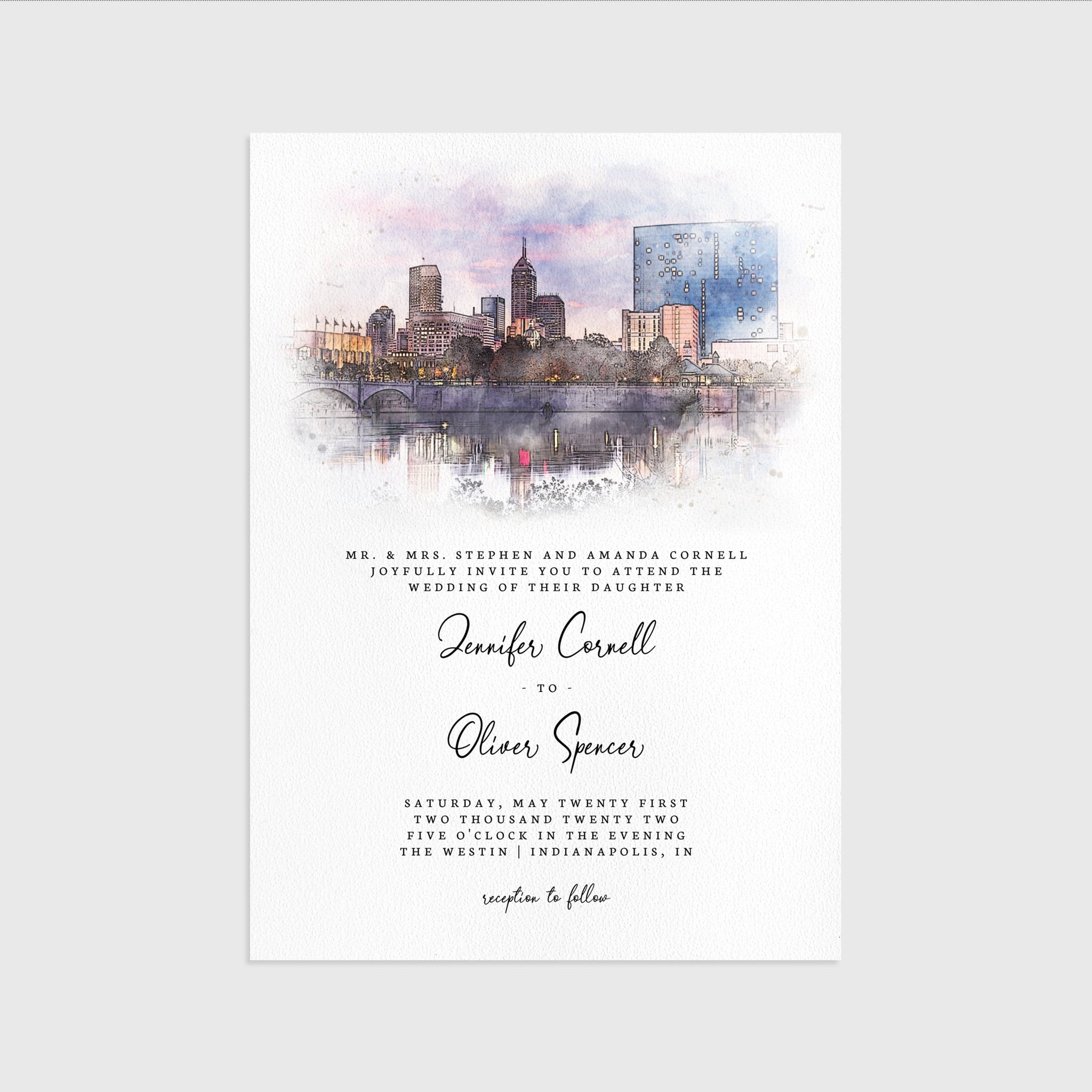 Loblolly Creative 825 - Arts & Entertainment > Party & Celebration > Party Supplies > Invitations Indianapolis Skyline Watercolor Wedding Invitation