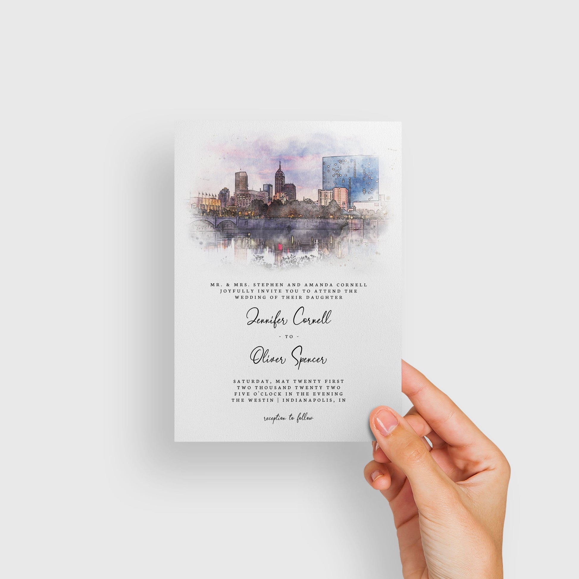 Loblolly Creative 825 - Arts & Entertainment > Party & Celebration > Party Supplies > Invitations Indianapolis Skyline Watercolor Wedding Invitation