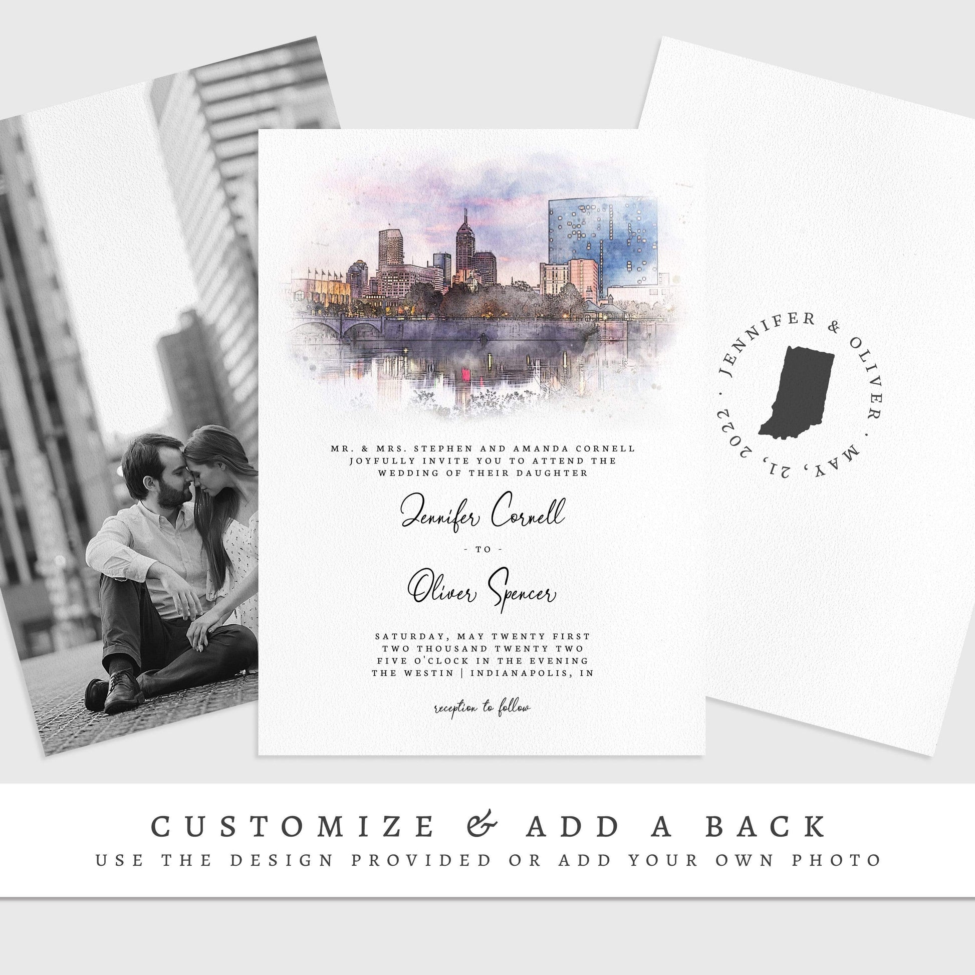 Loblolly Creative 825 - Arts & Entertainment > Party & Celebration > Party Supplies > Invitations Indianapolis Skyline Watercolor Wedding Invitation