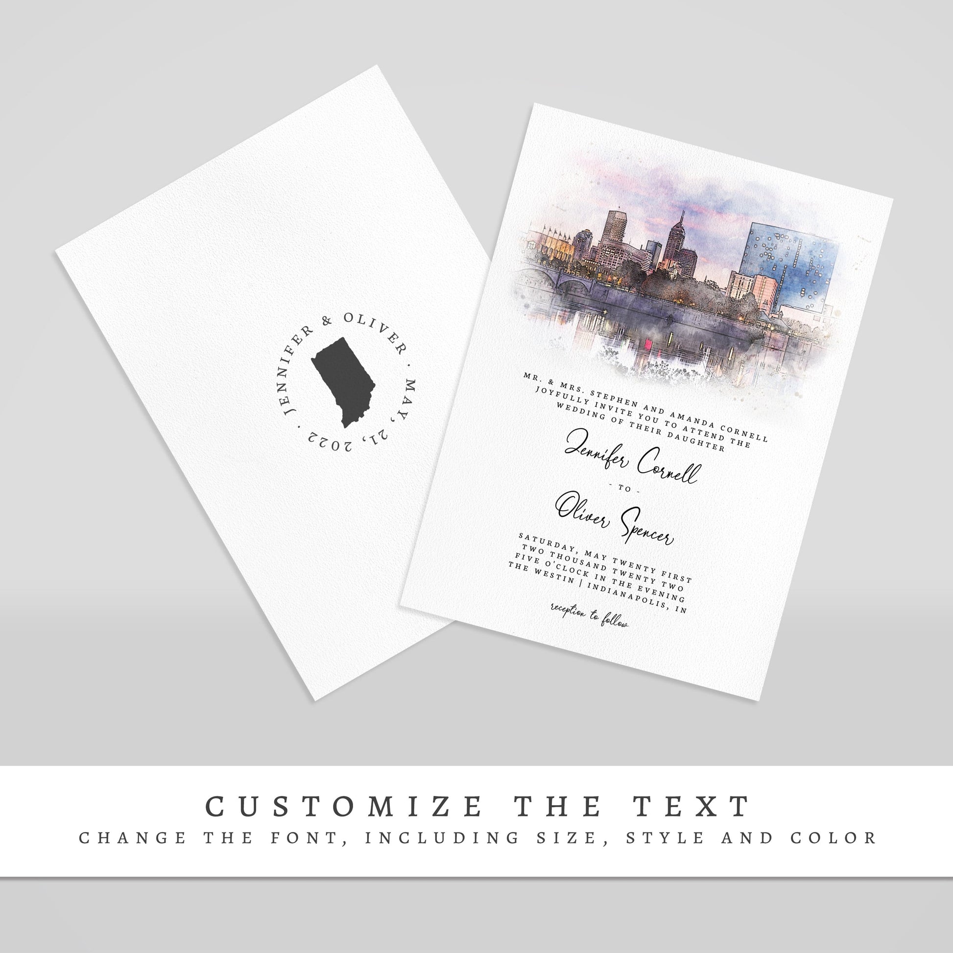 Loblolly Creative 825 - Arts & Entertainment > Party & Celebration > Party Supplies > Invitations Indianapolis Skyline Watercolor Wedding Invitation