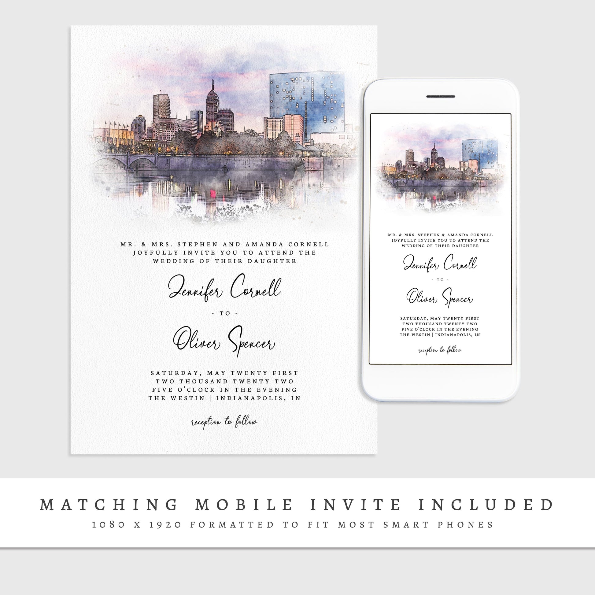 Loblolly Creative 825 - Arts & Entertainment > Party & Celebration > Party Supplies > Invitations Indianapolis Skyline Watercolor Wedding Invitation