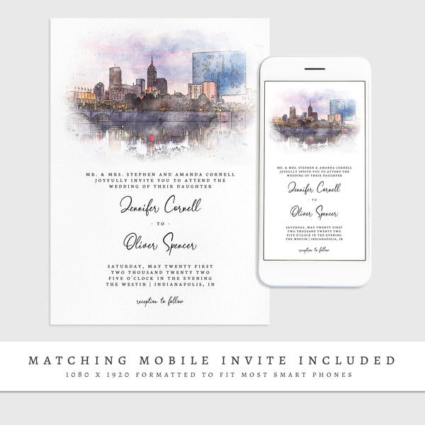 Loblolly Creative 825 - Arts & Entertainment > Party & Celebration > Party Supplies > Invitations Indianapolis Skyline Watercolor Wedding Invitation