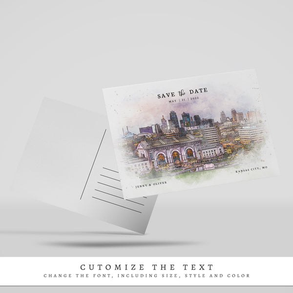 Loblolly Creative 825 - Arts & Entertainment > Party & Celebration > Party Supplies > Invitations Kansas City Skyline Watercolor Wedding Save the Date