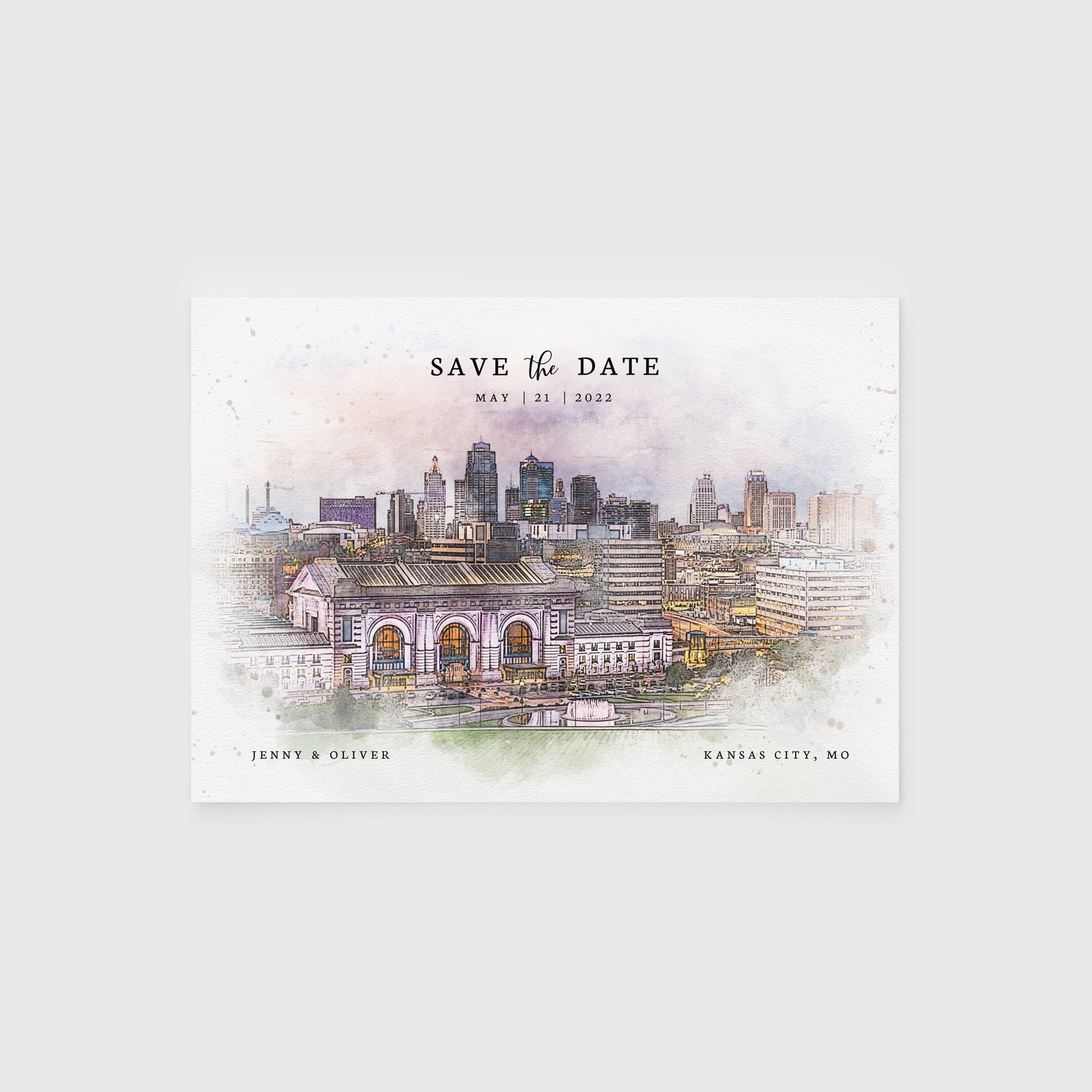 Loblolly Creative 825 - Arts & Entertainment > Party & Celebration > Party Supplies > Invitations Kansas City Skyline Watercolor Wedding Save the Date
