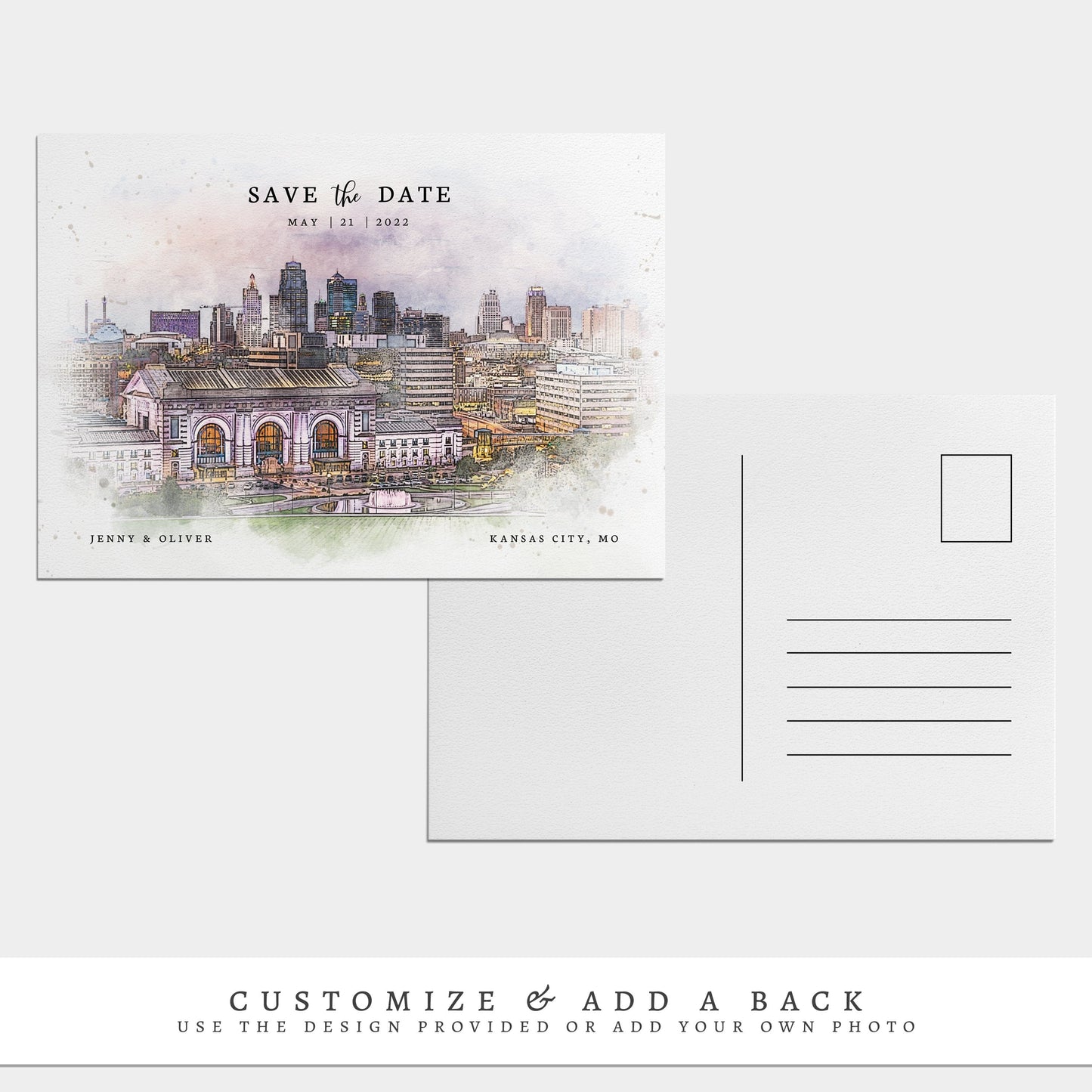 Loblolly Creative 825 - Arts & Entertainment > Party & Celebration > Party Supplies > Invitations Kansas City Skyline Watercolor Wedding Save the Date