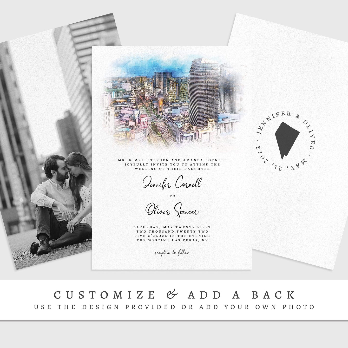 Loblolly Creative 825 - Arts & Entertainment > Party & Celebration > Party Supplies > Invitations Las Vegas Skyline Watercolor Wedding Invitation