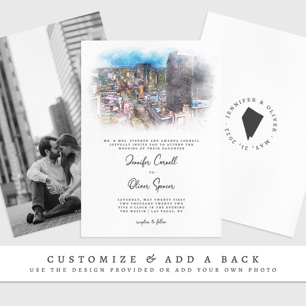 Loblolly Creative 825 - Arts & Entertainment > Party & Celebration > Party Supplies > Invitations Las Vegas Skyline Watercolor Wedding Invitation