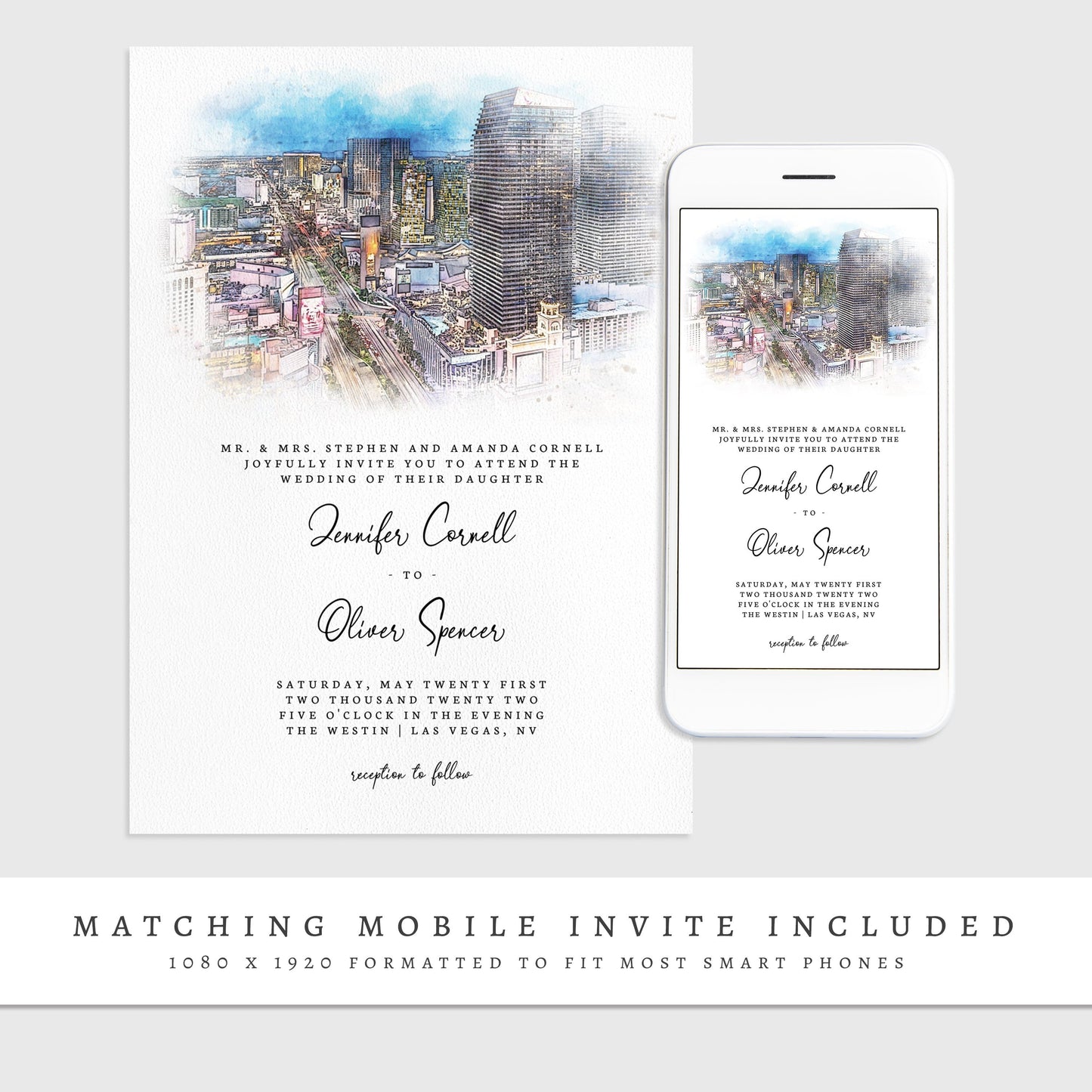 Loblolly Creative 825 - Arts & Entertainment > Party & Celebration > Party Supplies > Invitations Las Vegas Skyline Watercolor Wedding Invitation