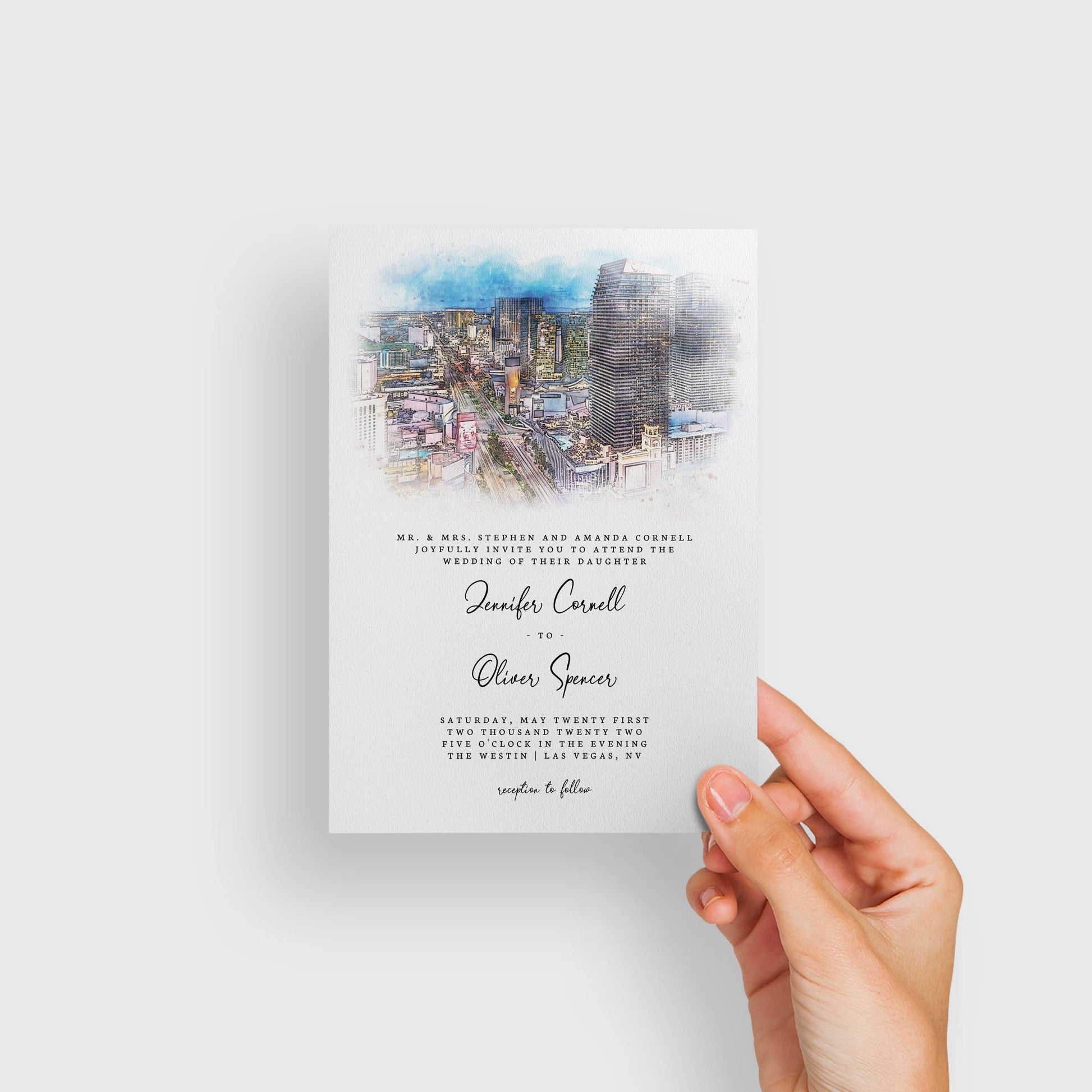 Loblolly Creative 825 - Arts & Entertainment > Party & Celebration > Party Supplies > Invitations Las Vegas Skyline Watercolor Wedding Invitation