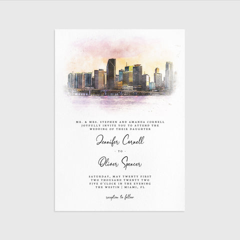 Loblolly Creative 825 - Arts & Entertainment > Party & Celebration > Party Supplies > Invitations Miami Skyline Watercolor Wedding Invitation