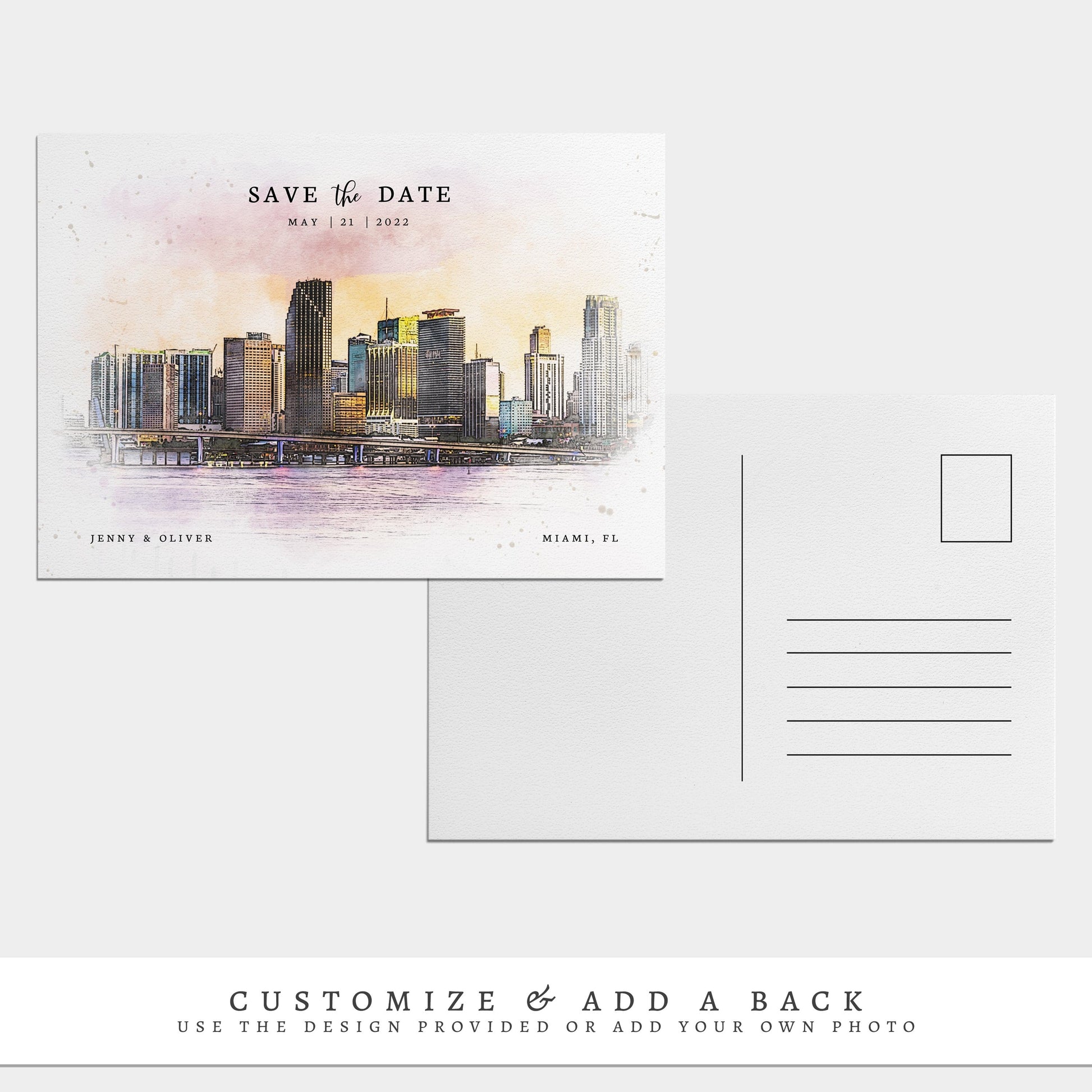 Loblolly Creative 825 - Arts & Entertainment > Party & Celebration > Party Supplies > Invitations Miami Skyline Watercolor Wedding Save the Date