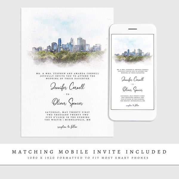 Loblolly Creative 825 - Arts & Entertainment > Party & Celebration > Party Supplies > Invitations Minneapolis Skyline Watercolor Wedding Invitation