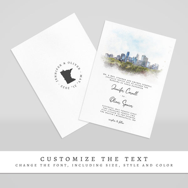 Loblolly Creative 825 - Arts & Entertainment > Party & Celebration > Party Supplies > Invitations Minneapolis Skyline Watercolor Wedding Invitation