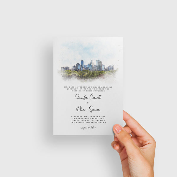 Loblolly Creative 825 - Arts & Entertainment > Party & Celebration > Party Supplies > Invitations Minneapolis Skyline Watercolor Wedding Invitation