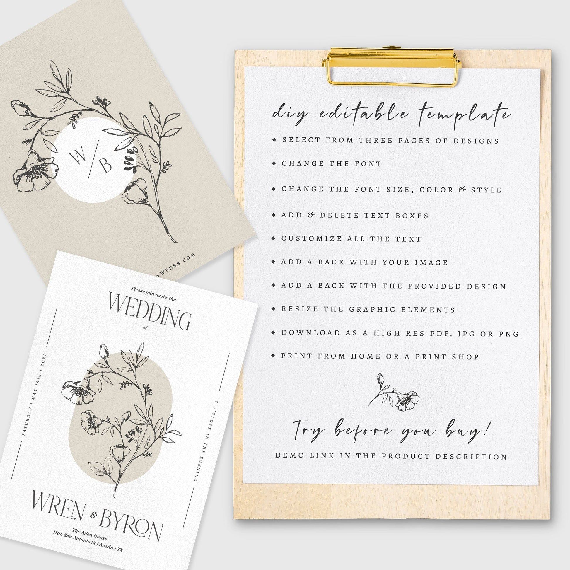 Loblolly Creative 825 - Arts & Entertainment > Party & Celebration > Party Supplies > Invitations Modern Botanical Editable Wedding Invitation Template