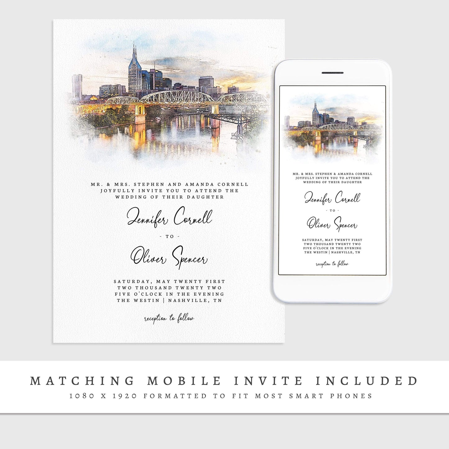Loblolly Creative 825 - Arts & Entertainment > Party & Celebration > Party Supplies > Invitations Nashville Skyline Watercolor Wedding Invitation