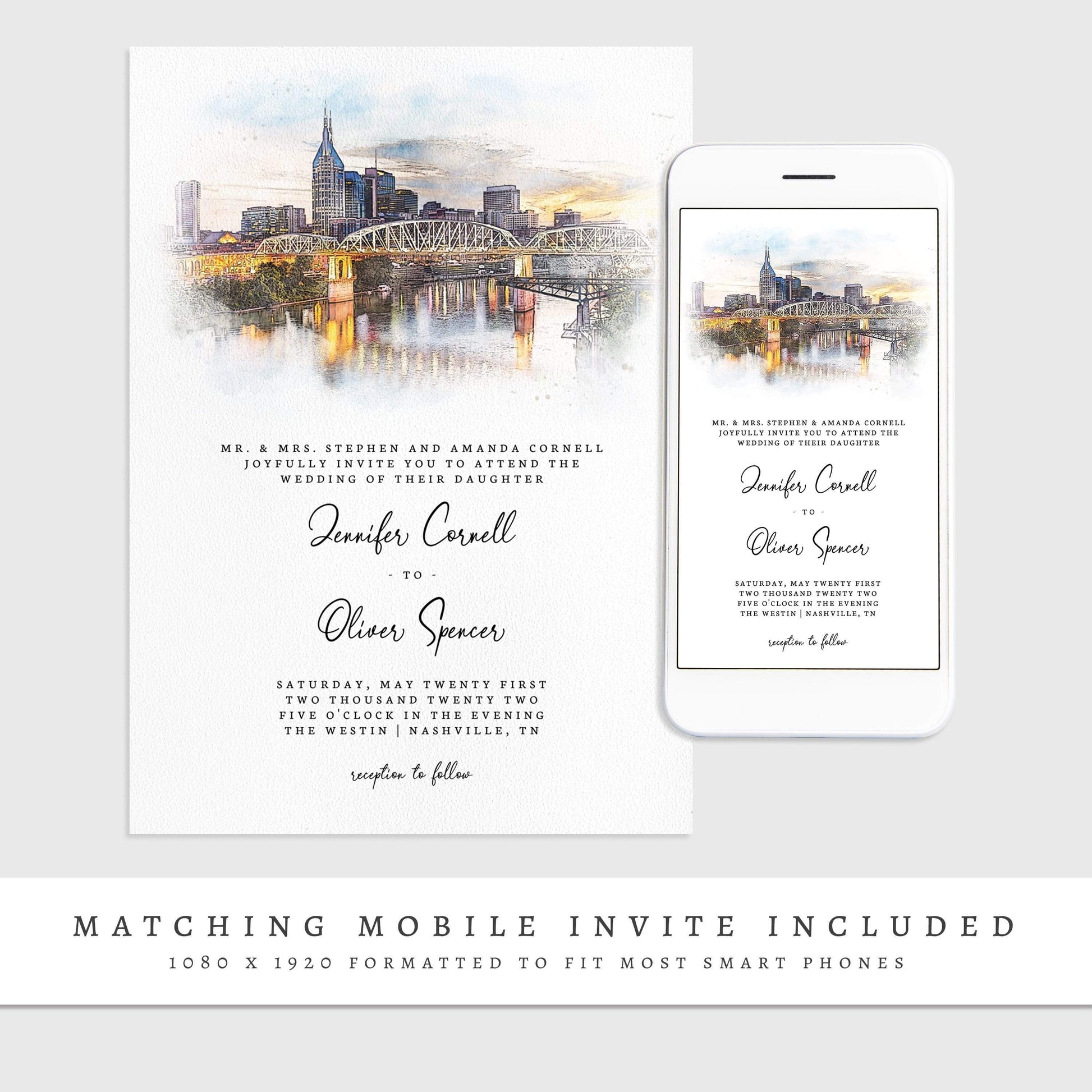 Loblolly Creative 825 - Arts & Entertainment > Party & Celebration > Party Supplies > Invitations Nashville Skyline Watercolor Wedding Invitation