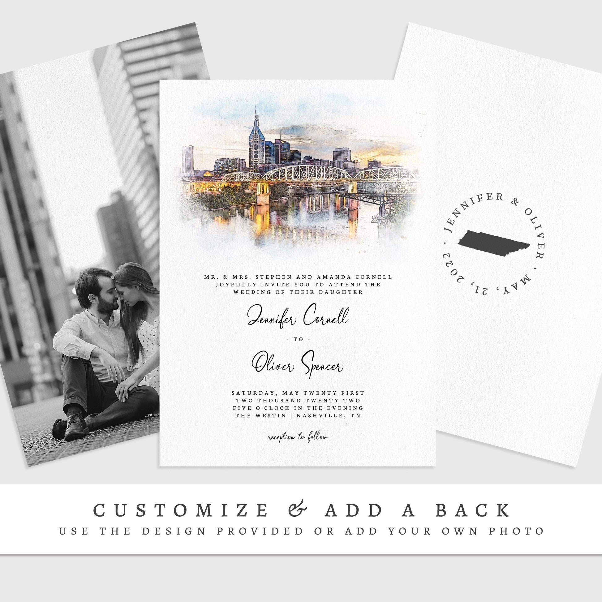 Loblolly Creative 825 - Arts & Entertainment > Party & Celebration > Party Supplies > Invitations Nashville Skyline Watercolor Wedding Invitation