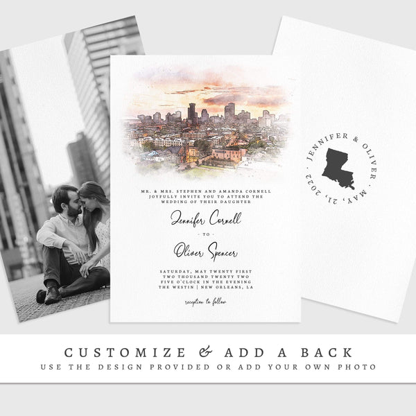 Loblolly Creative 825 - Arts & Entertainment > Party & Celebration > Party Supplies > Invitations New Orleans Skyline Watercolor Wedding Invitation