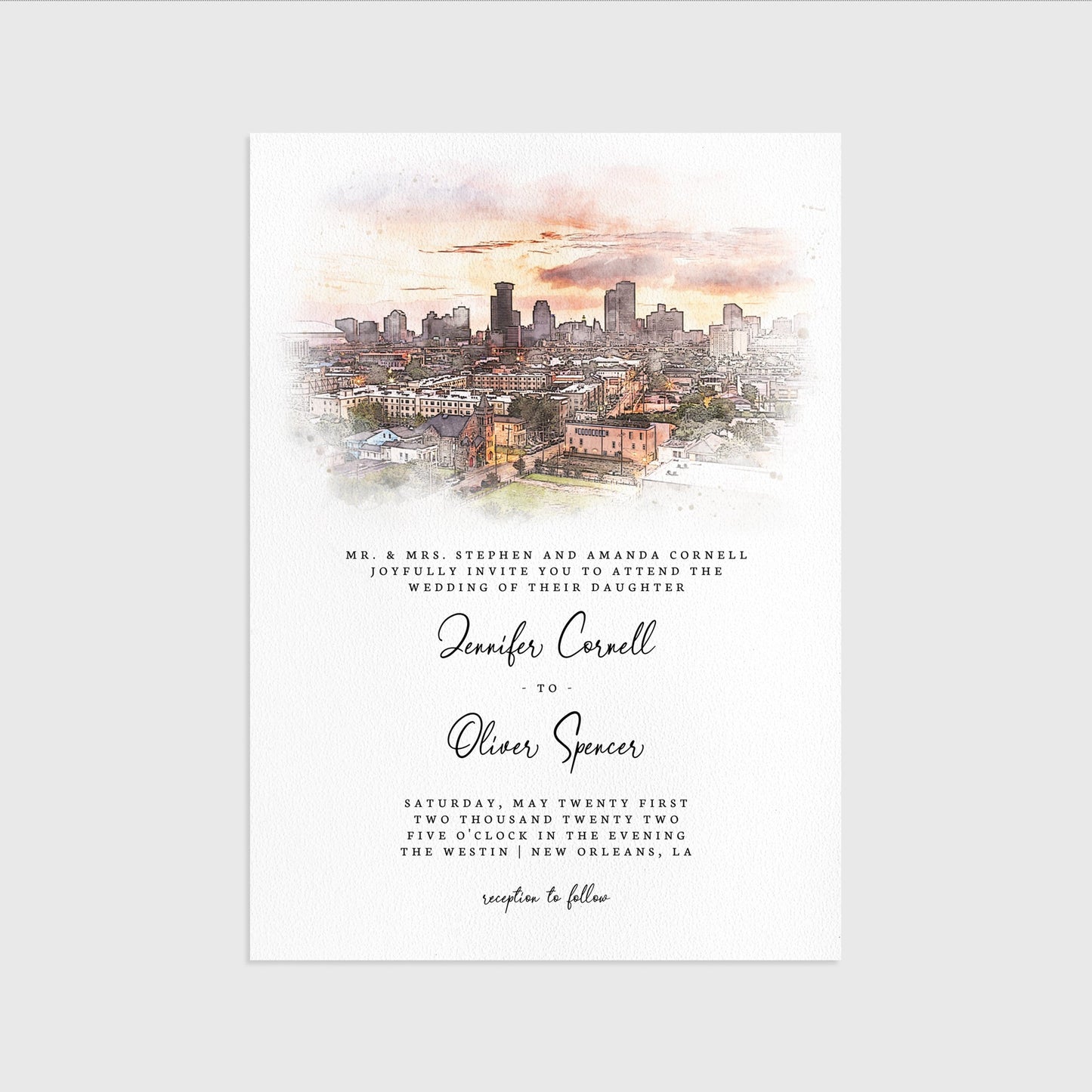 Loblolly Creative 825 - Arts & Entertainment > Party & Celebration > Party Supplies > Invitations New Orleans Skyline Watercolor Wedding Invitation