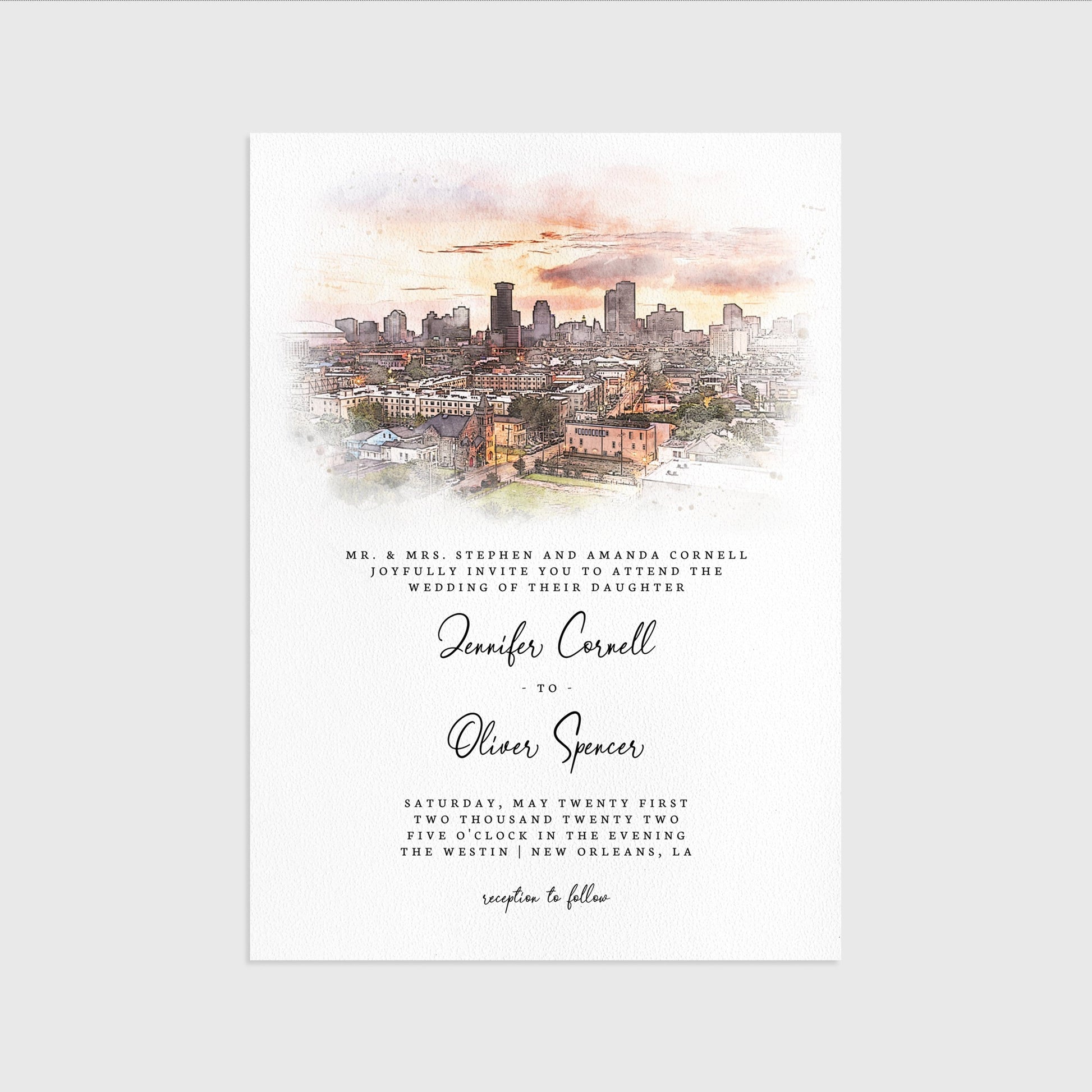 Loblolly Creative 825 - Arts & Entertainment > Party & Celebration > Party Supplies > Invitations New Orleans Skyline Watercolor Wedding Invitation