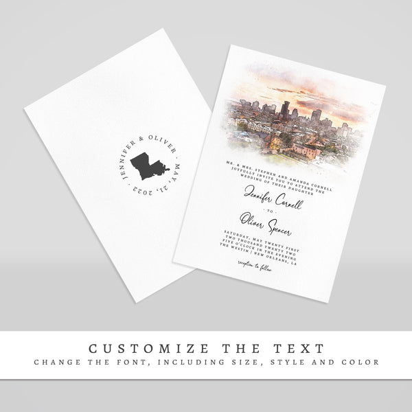 Loblolly Creative 825 - Arts & Entertainment > Party & Celebration > Party Supplies > Invitations New Orleans Skyline Watercolor Wedding Invitation