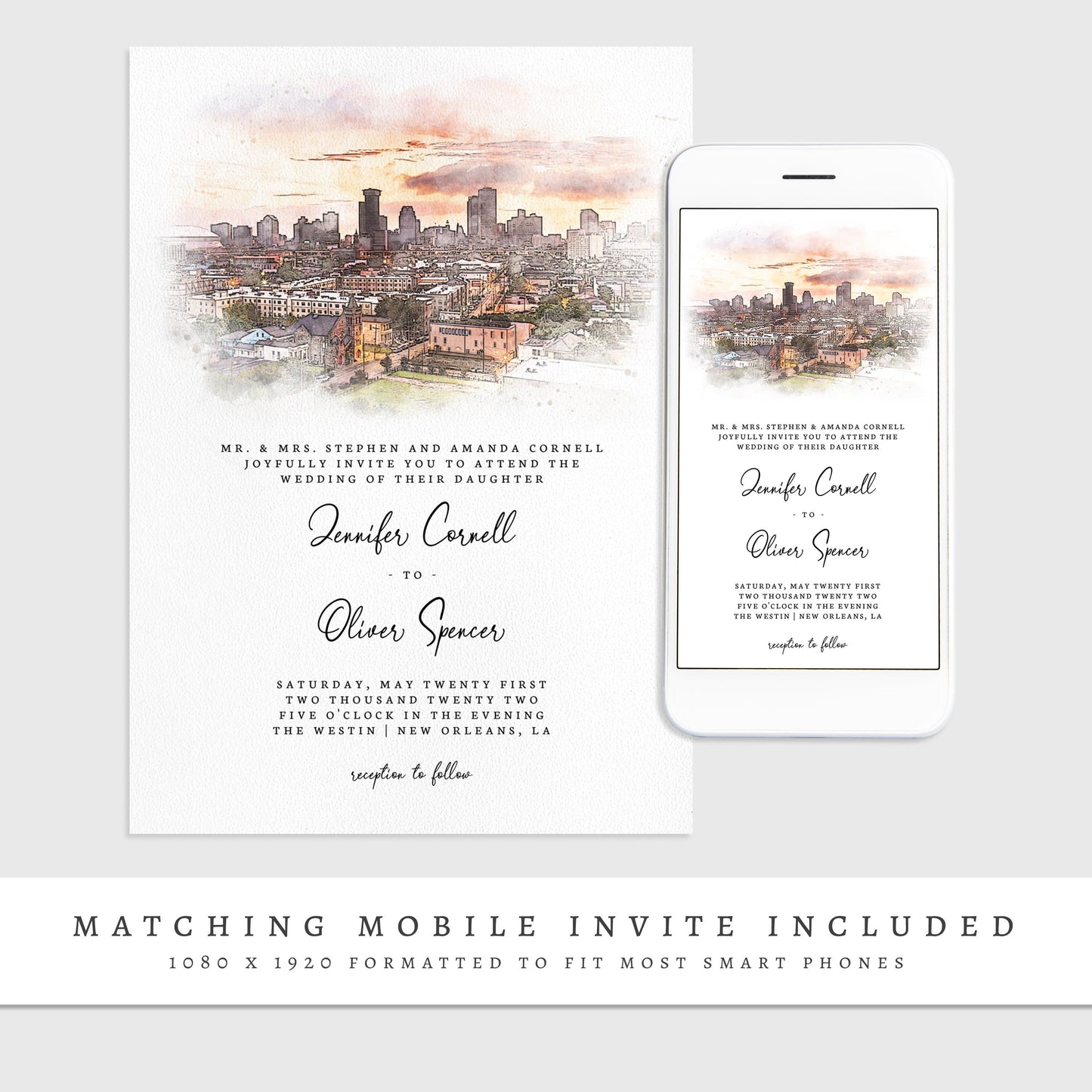 Loblolly Creative 825 - Arts & Entertainment > Party & Celebration > Party Supplies > Invitations New Orleans Skyline Watercolor Wedding Invitation