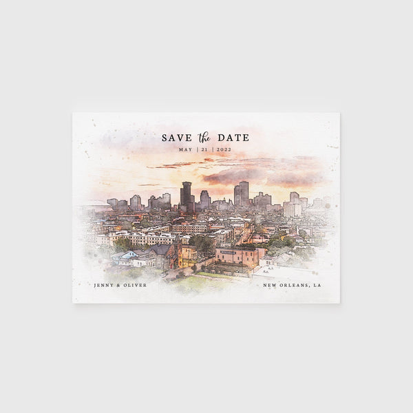 Loblolly Creative 825 - Arts & Entertainment > Party & Celebration > Party Supplies > Invitations New Orleans Skyline Watercolor Wedding Save the Date