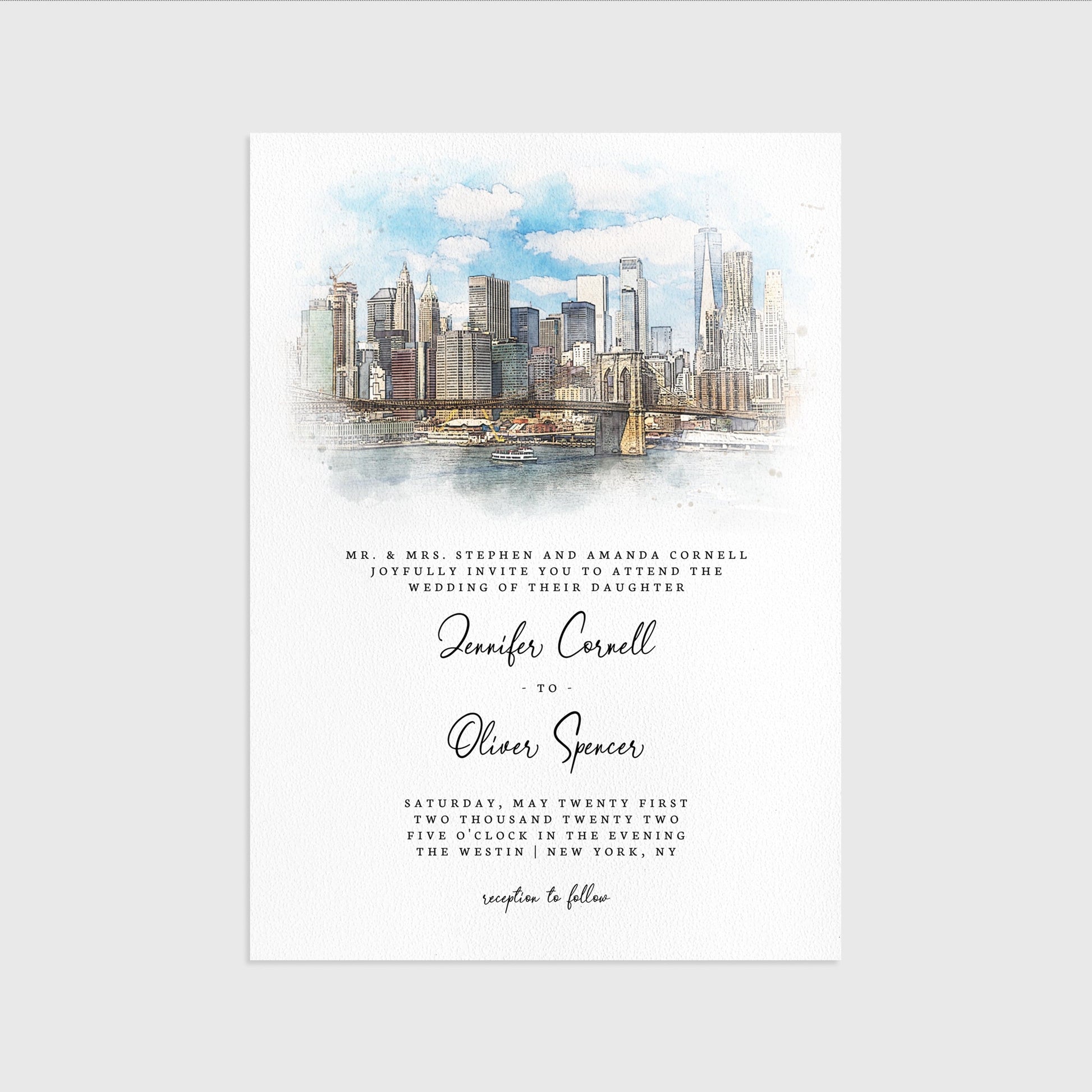 Loblolly Creative 825 - Arts & Entertainment > Party & Celebration > Party Supplies > Invitations New York Skyline Watercolor Wedding Invitation