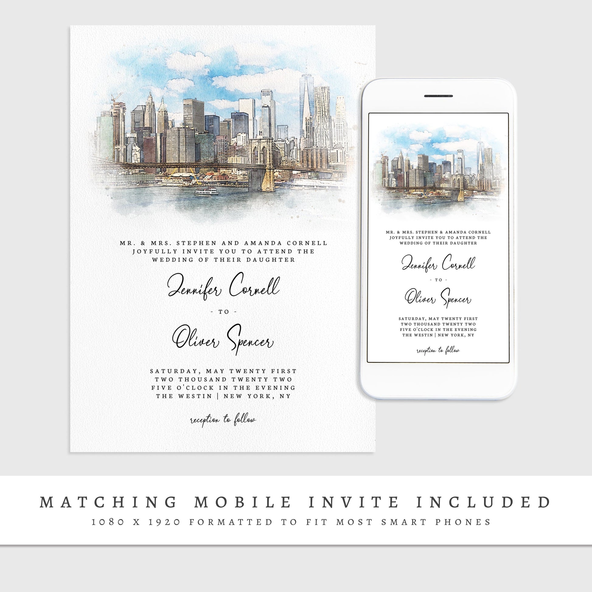 Loblolly Creative 825 - Arts & Entertainment > Party & Celebration > Party Supplies > Invitations New York Skyline Watercolor Wedding Invitation