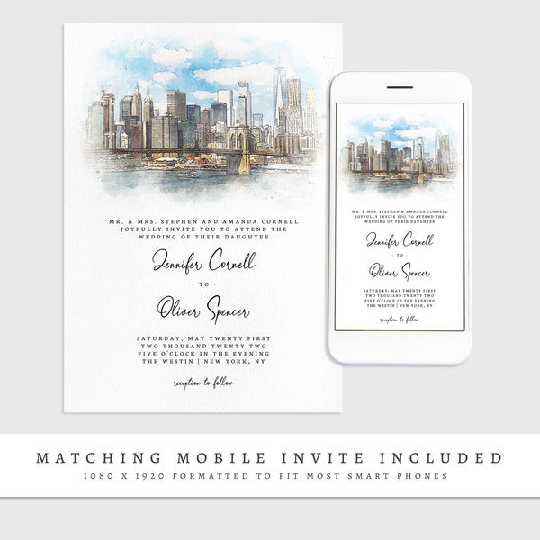 Loblolly Creative 825 - Arts & Entertainment > Party & Celebration > Party Supplies > Invitations New York Skyline Watercolor Wedding Invitation